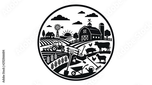 Cuadro en lienzo Farm Landscape with Tractor and Animals