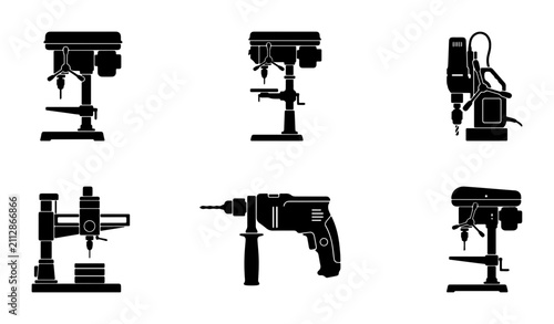 Bild auf Leinwand Drill Press and Rotary Tool Icons, Industrial Machinery Vector Set, Workshop Equ