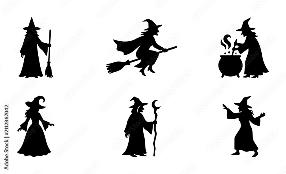 Obraz premium Witch Silhouettes Vector Set: Flying, Potion Making, Magical Poses, Halloween Icons
