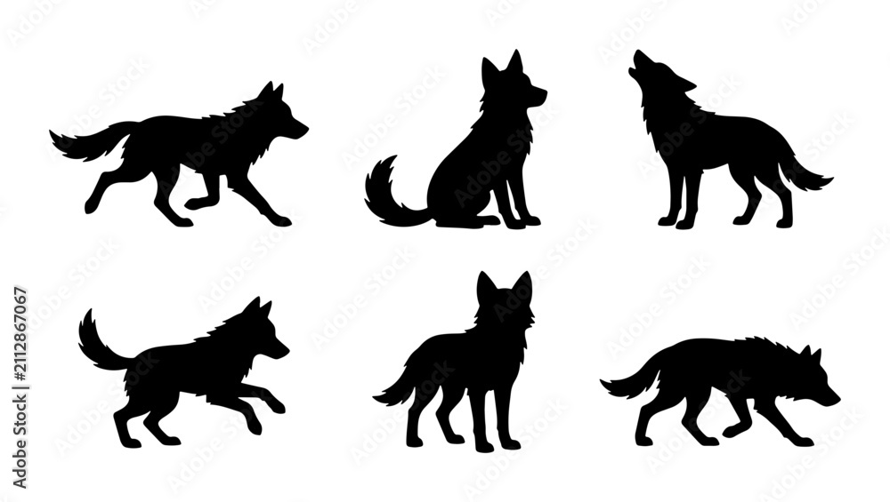 Obraz premium Wolf Silhouettes Set, Wild Animal Vector Icons, Canine Graphics, Nature Wildlife Collection