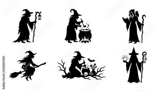 Fotografie Witch Silhouettes Vector Set: Magical Halloween Icons, Spooky Characters, Enchan