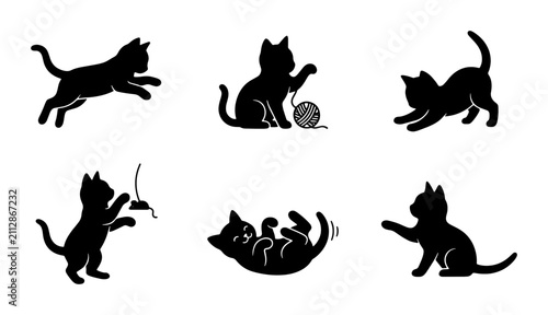 Принти на полотні Black Cat Silhouettes, Playful Kittens Set, Vector Icons for Pet Lovers, Cute An