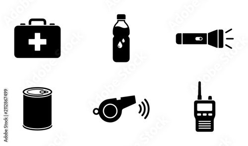 Emergency Survival Kit Icons, First Aid, Water, Flashlight, Canned Food, Whistle, Radio