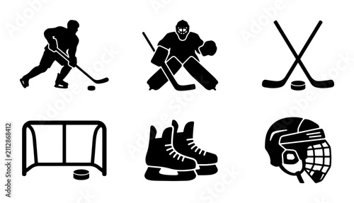 Hockey Icons Set: Player, Goalie, Sticks, Puck, Net, Skates, Helmet, Sport Graphics