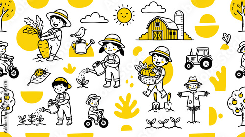 Children Farming Activities Doodle Seamless Pattern