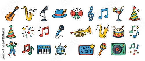 Colorful Hand Drawn Music and Party Icons Set