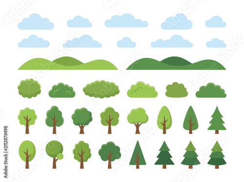 Natural landscape elements including clouds mountains and trees.