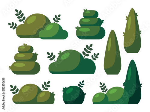 Collection of green bushes and topiary trees for landscape design in flat vector style.