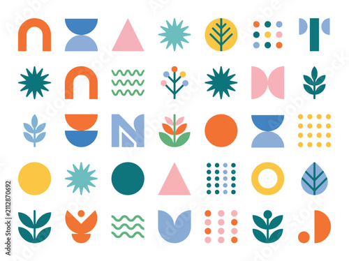 Set of modern abstract geometric shapes and floral patterns in flat colorful style.