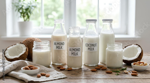 Diverse plant milk bottles with coconut and almonds.