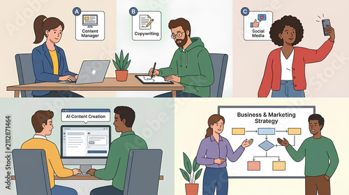 Diverse professionals performing digital marketing and business strategy tasks