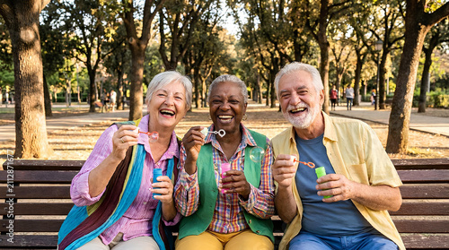 Diverse seniors blowing soap bubbles on park bench.