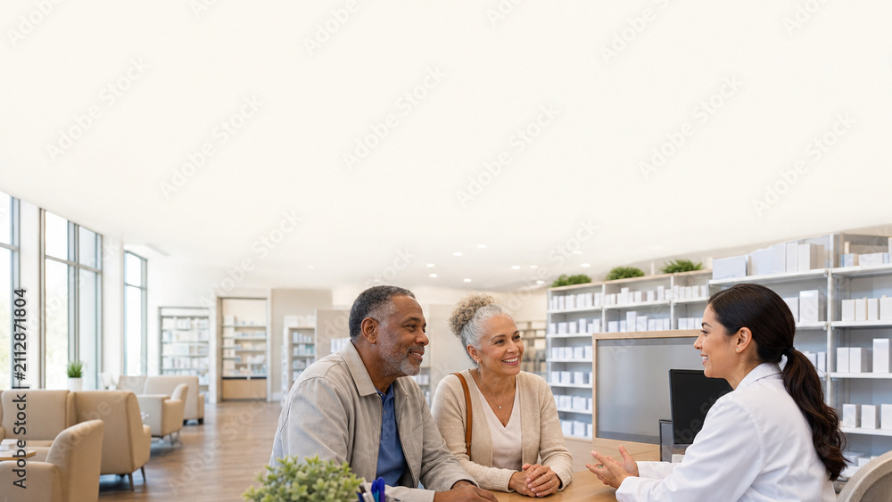 Fototapeta premium Smiling senior couple speaking with a female pharmacist at the counter in a bright, modern pharmacy with ample copy space.