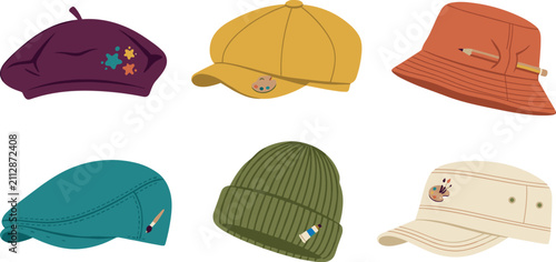 Canvastavla Artist Themed Hat and Cap Vector Set with Beret, Newsboy, Bucket, Flat Cap, and