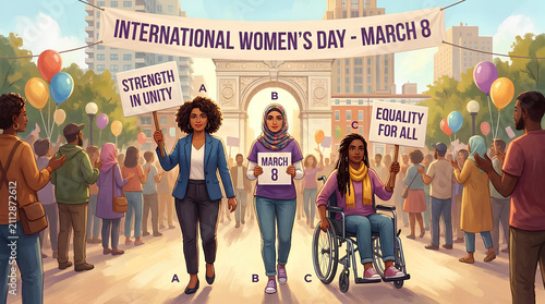 Diverse women marching for International Women's Day rights.