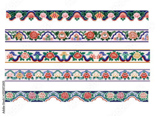 Premium Korean traditional dancheong and floral seamless border pattern set