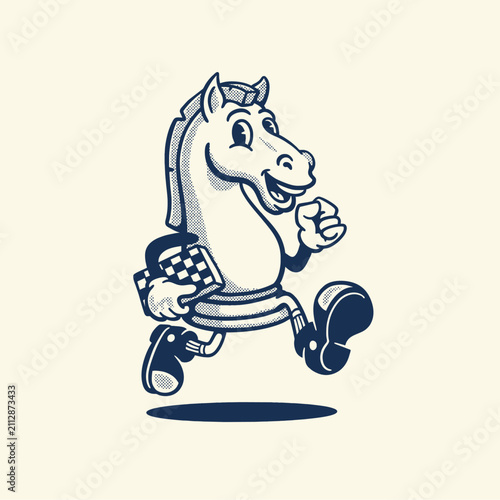Cute retro chess piece horse character, vintage cartoon style illustration in rubber hose style.