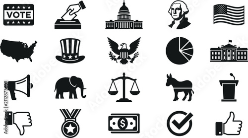 Bild auf Leinwand United States politics and government icons set with white house capitol eagle v