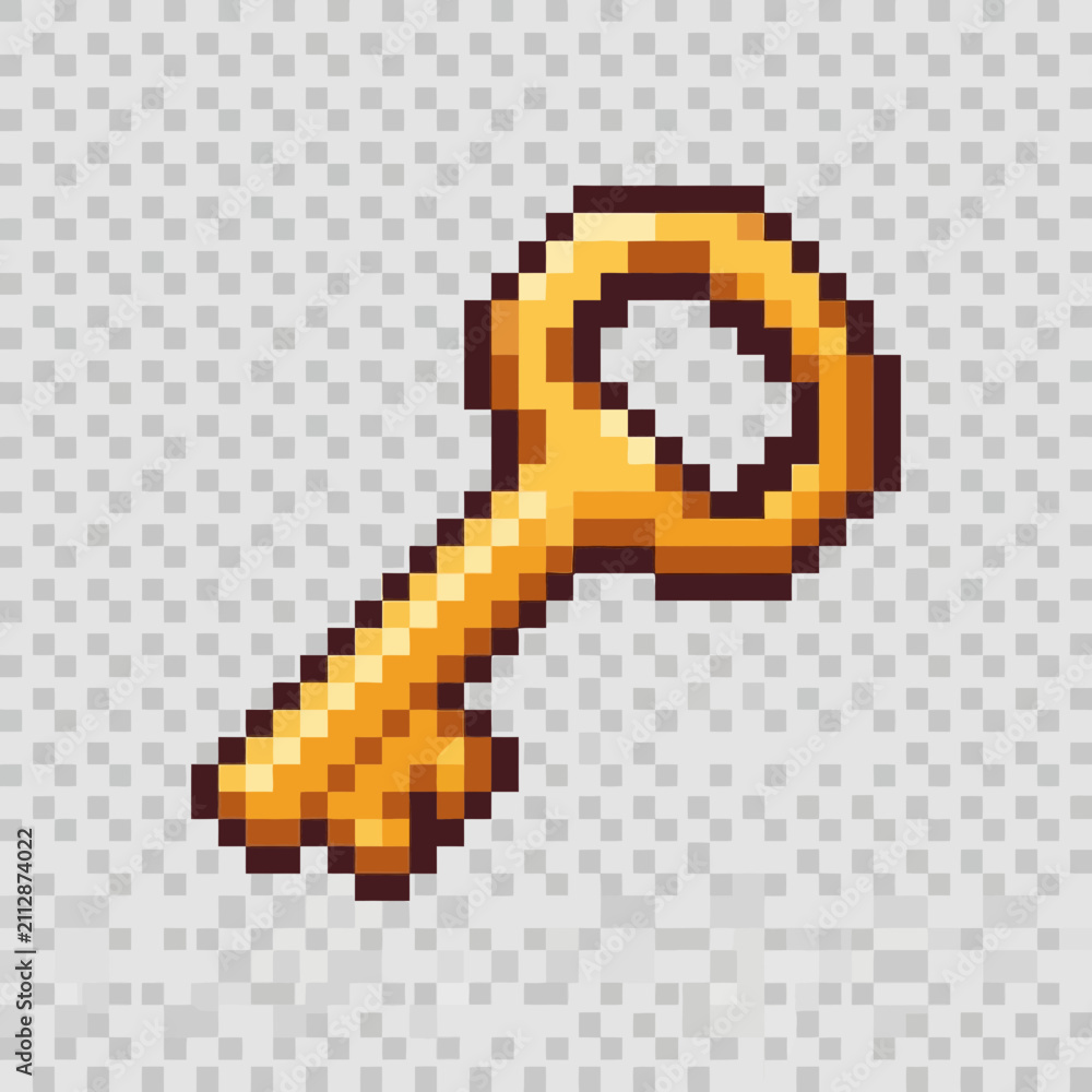 Fototapeta premium Retro pixel art golden key on transparent background