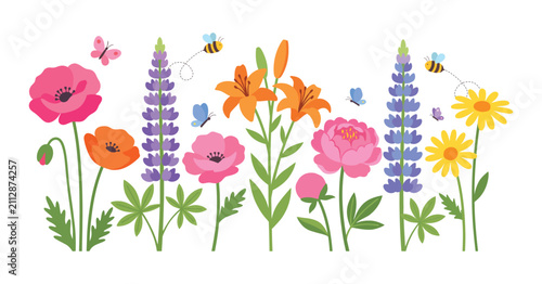Colorful summer flowers with butterflies and bees on a transparent background creating a vibrant spring garden scene.