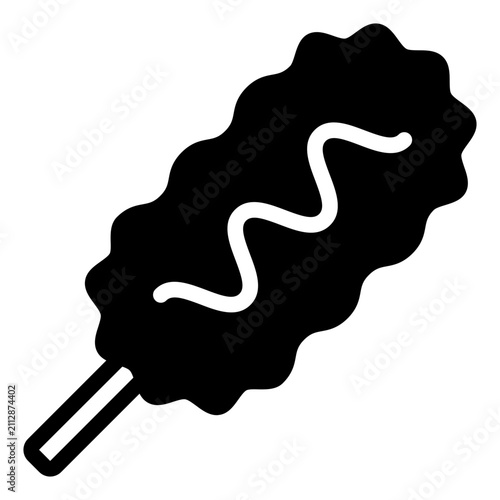 A flat design illustration of a corn dog with a mustard drizzle on a stick. Ideal for food-related projects and menus.