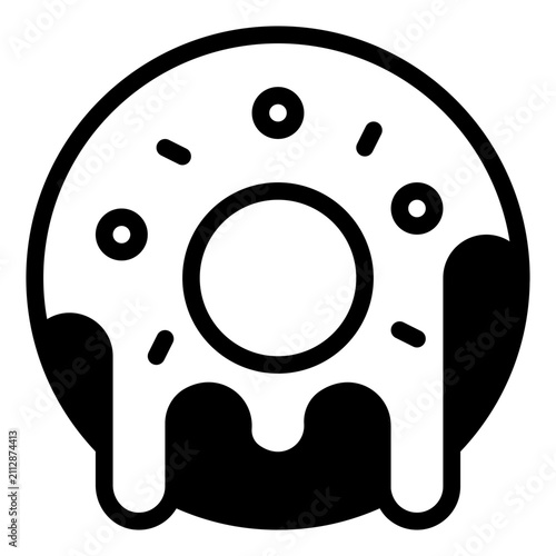 A flat design illustration of a donut featuring vibrant orange and yellow icing. Ideal for food-related projects or dessert-themed designs.