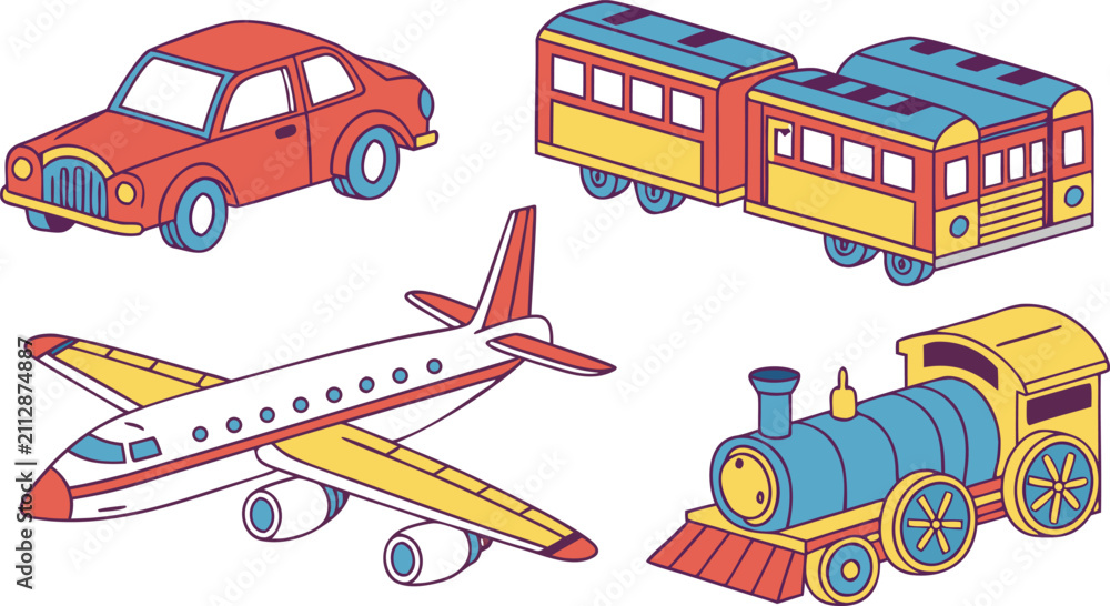 Naklejka premium Set of colorful cartoon toy vehicles including a car, passenger train, airplane, and steam engine on a white background, flat