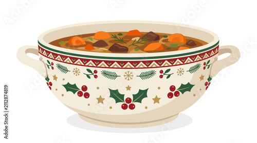 Traditional Rosh Hashana hearty stew in festive bowl with vegetable pieces