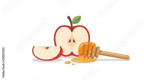 Rosh Hashana sweet traditions with fresh red apple and honey dipper vector