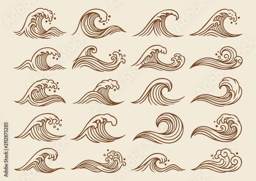 Collection of Japanese wave crest vector elements inspired by ocean waves featuring traditional flowing water curves decorative sea symbols and elegant Asian line art design