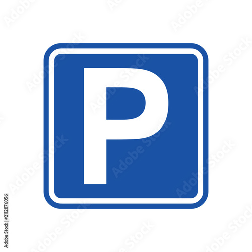 Parking Sign Blue Square: A clear blue square sign featuring a prominent white letter 'P' indicating a parking area.