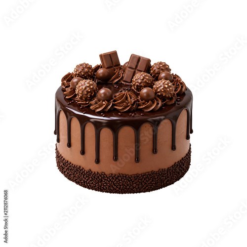 Rich chocolate celebration cake with glossy ganache topping creamy frosting and luxury candy decorations isolated