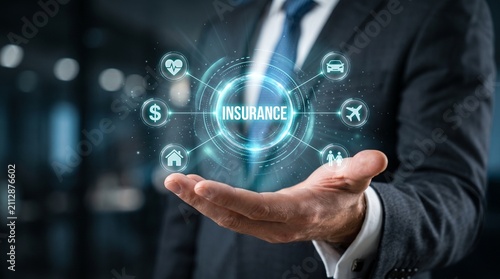 Insurance Concept: A businessman's outstretched hand displays a glowing digital interface centered around the word INSURANCE, surrounded by icons representing various aspects of life, health.