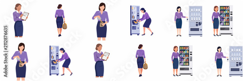 Businesswoman collecting cash and managing vending machine operations flat vector illustration set