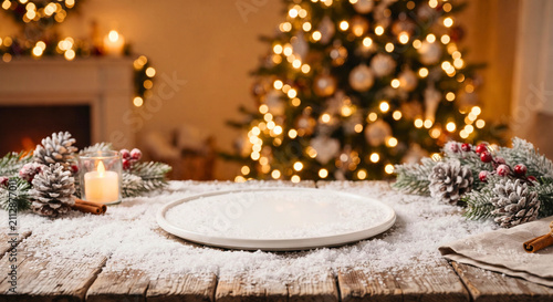 Empty Plate on Snowy Rustic Table with Festive Christmas Background