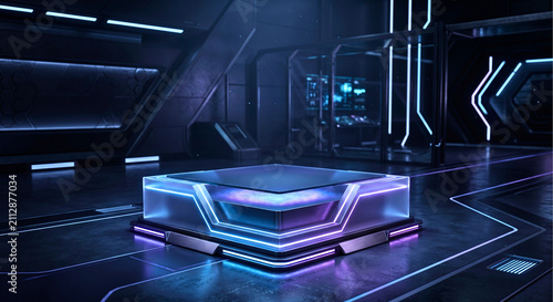 Futuristic Neon Light Podium in Dark Sci-Fi Room