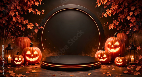 Spooky Halloween Product Display with Glowing Jack-o'-Lanterns and Autumn Leaves