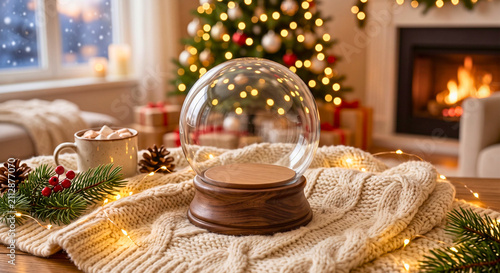 Empty Snow Globe on a Cozy Christmas Table with Festive Decor and Fireplace Background