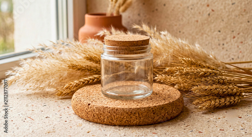 Natural Product Display with Empty Glass Jar, Wheat, and Pampas Grass