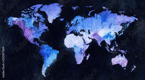 Watercolor world map in blue and purple on dark paper