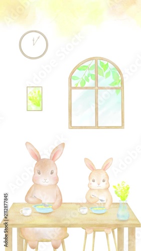 一緒にご飯を食べるうさぎの親子の縦長ループアニメーション。室内風景の水彩画を使用した映像。	