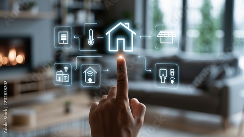 Finger interacting with smart home energy management system interface