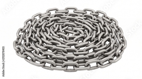 Strong and durable metallic chain meticulously coiled, providing a robust industrial element suitable for various heavy-duty applications and security needs