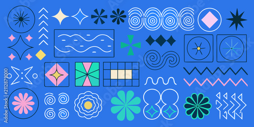 Canvastavla Geometric shapes and floral ornaments colorful vector illustration on blue backg