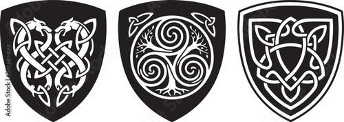 Obraz na plátně Celtic knotwork shield shapes black and white vector illustrations with intricat