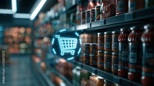 Futuristic shopping experience showcases glowing digital cart icon over grocery shelves