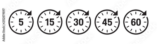 Obraz na plátně Set of five time interval icons with circular arrows representing five fifteen thirty forty five sixty