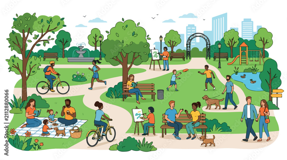 Fototapeta premium Vibrant urban park scene with families picnicking children playing and people cycling under a sunny city skyline