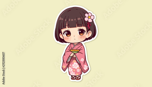 Cute Kawaii Girl Wearing Pink Kimono Sticker Vector Illustration 