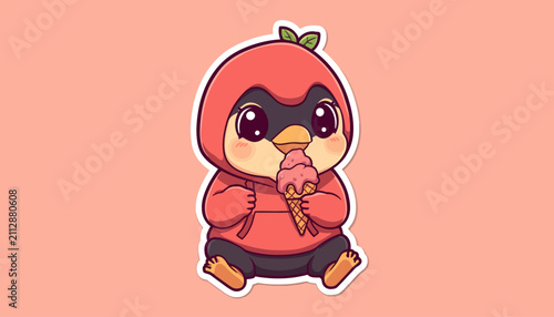Cute Chubby Bird Holding Ice Cream Sticker Illustration